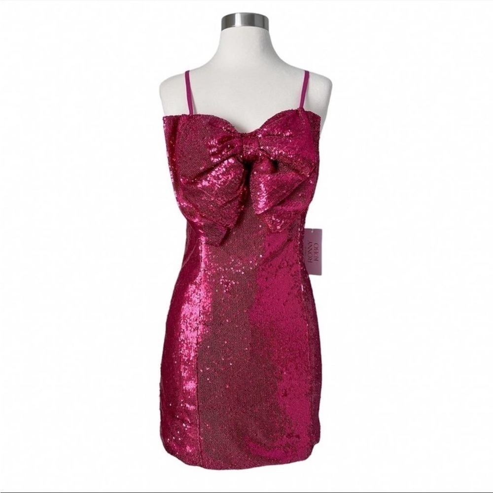 NWT TORN by Ronny Kobo Hot Pink Tulip Sequin Bow Front Lindsay Mini Dress L NYE